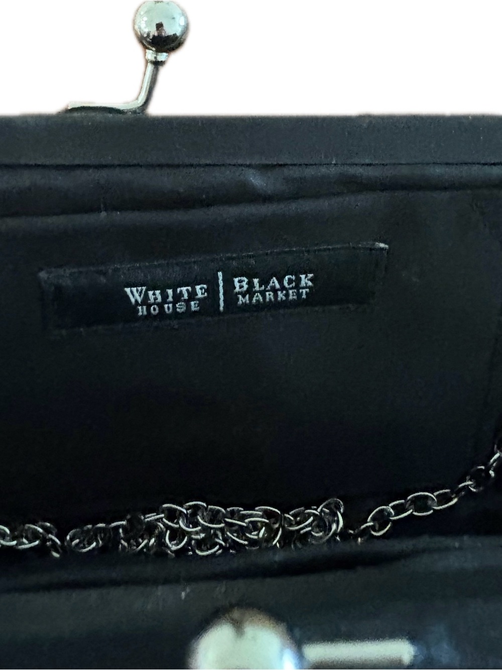 White House Black Market Black Satin Ruffle Clutch Evening Bag, Silver Chain - Picture 3 of 7